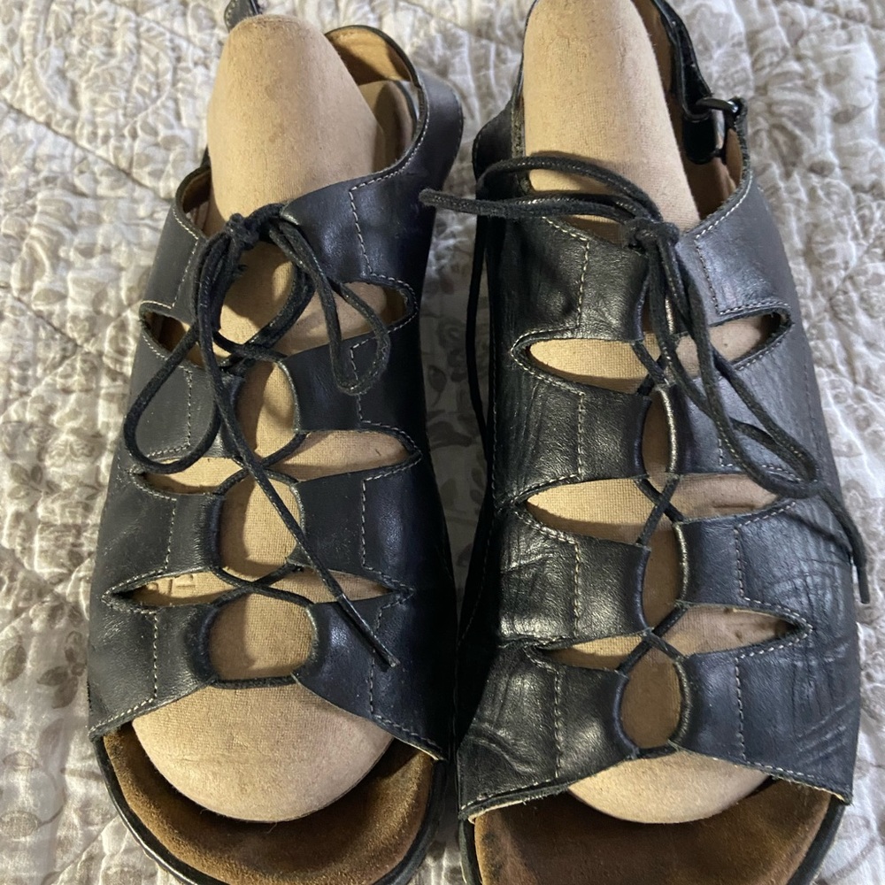 Wolky Black Leather Lace-Up Cutout Sandals
